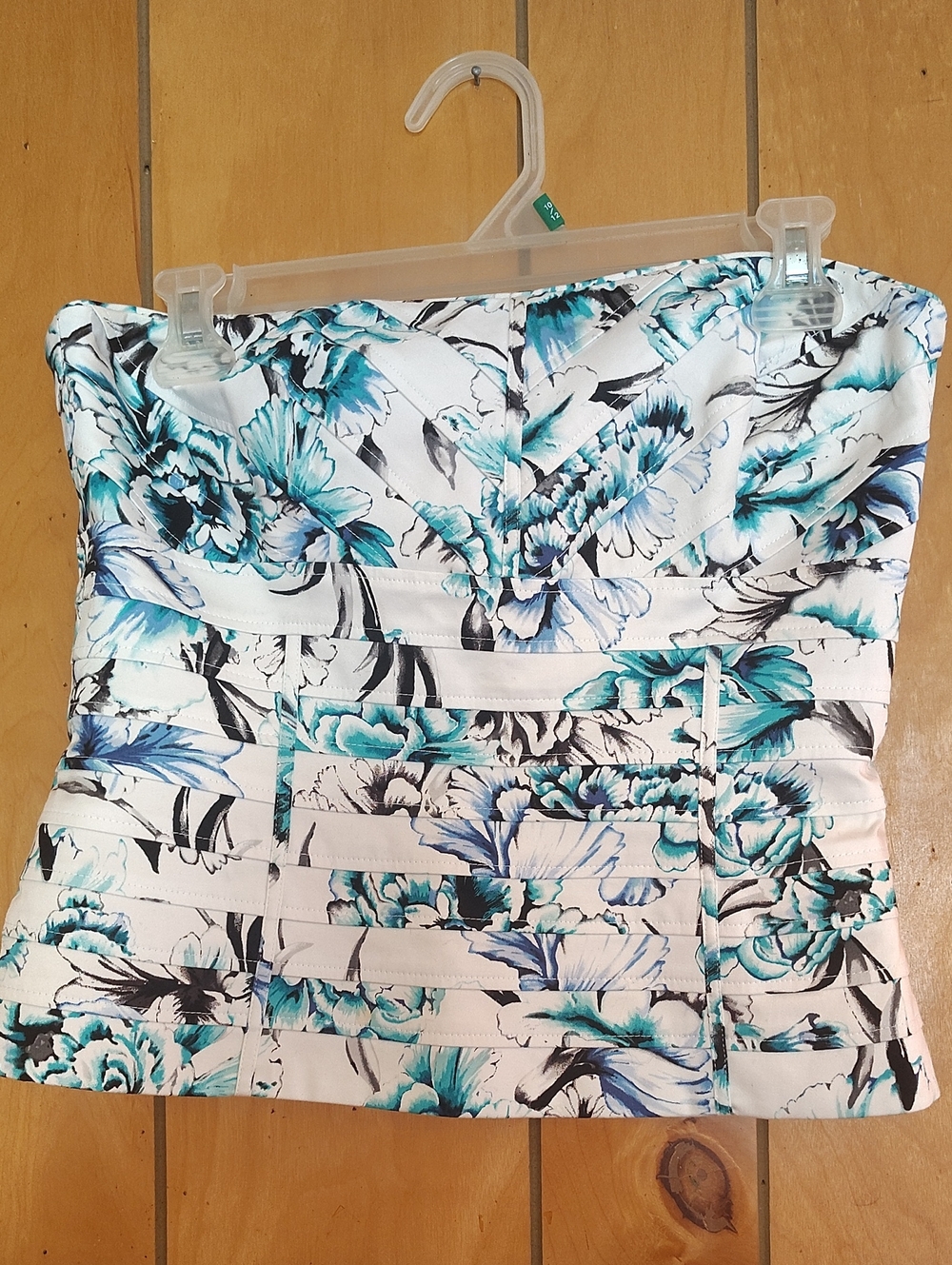White House Black Market Floral Strapless Peplum Dress Top in Teal and White